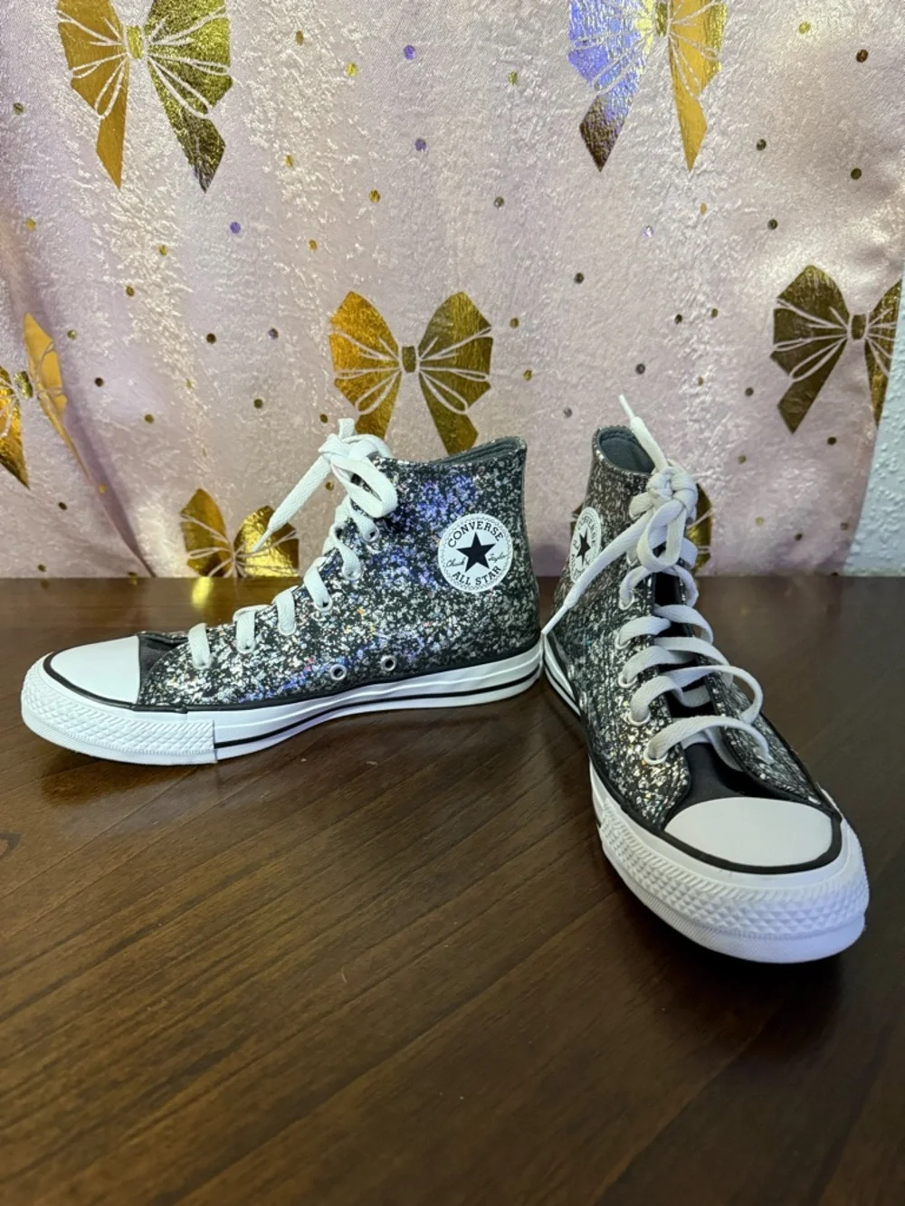 Converse big Kids' Glitter High-Top Sneakers - Black with Silver Sparkle size 5